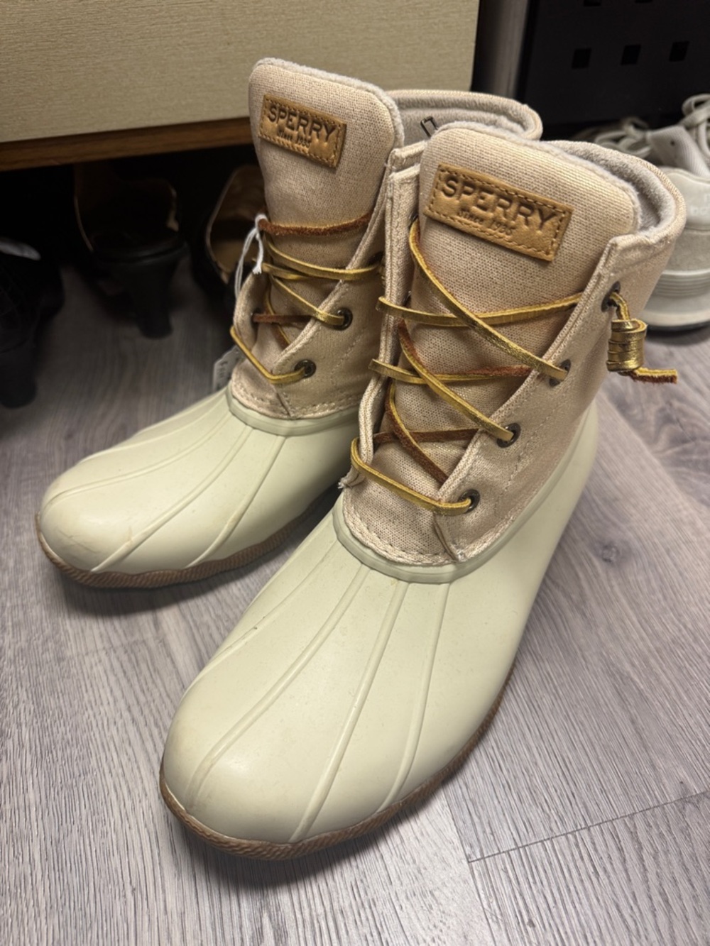 Sperry Two-Tone Olive Green and Beige Duck Boots